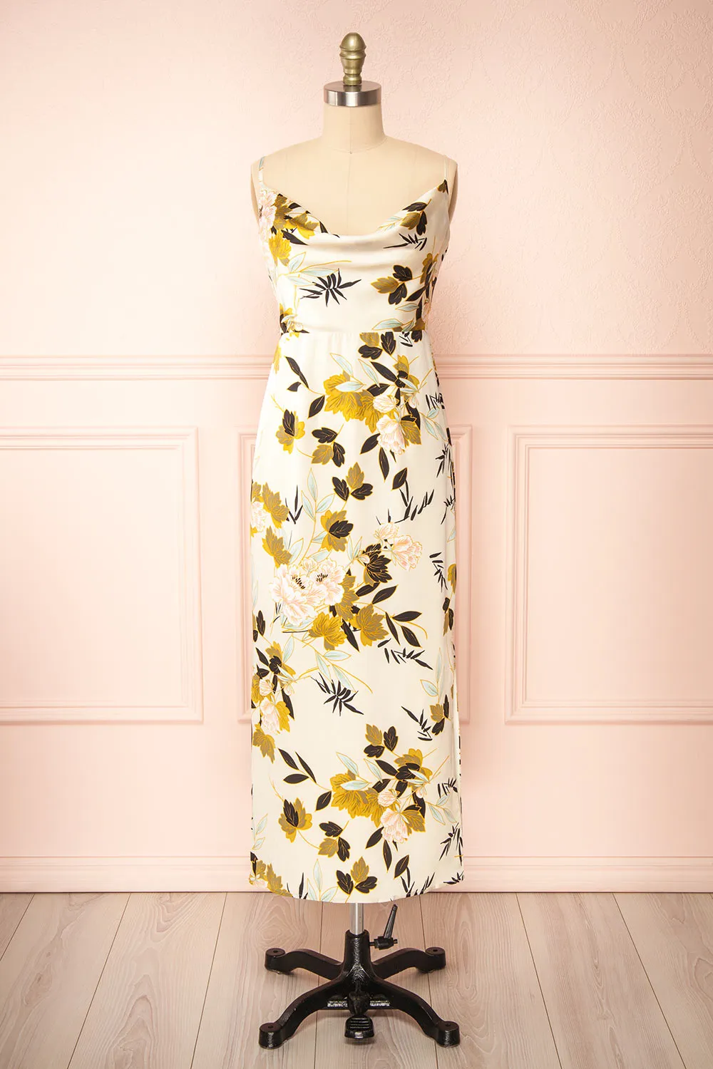 Selvi | Ivory Floral Cowl Neck Midi Dress