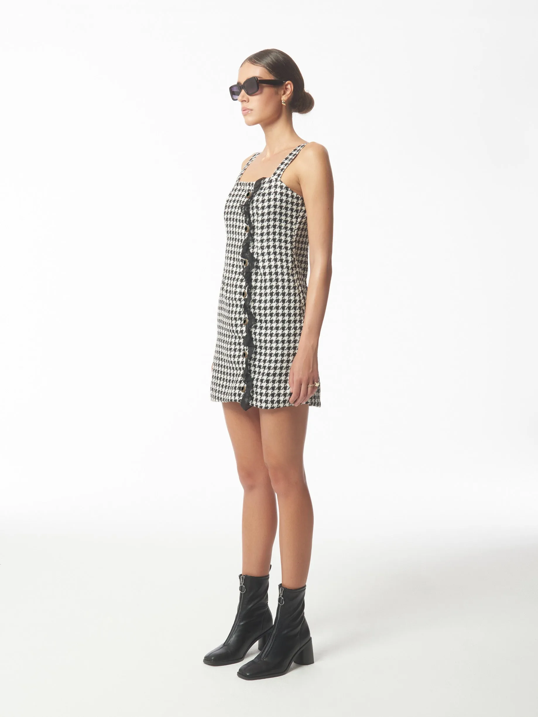 Sequined Houndstooth Bouclé-Knit Mini Dress In Black And White