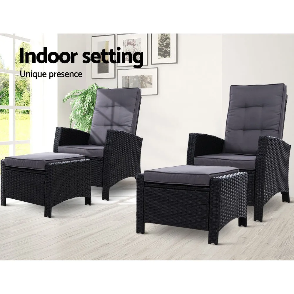 Set of 2 Elise Outdoor Recliner Chairs with Ottomans Black