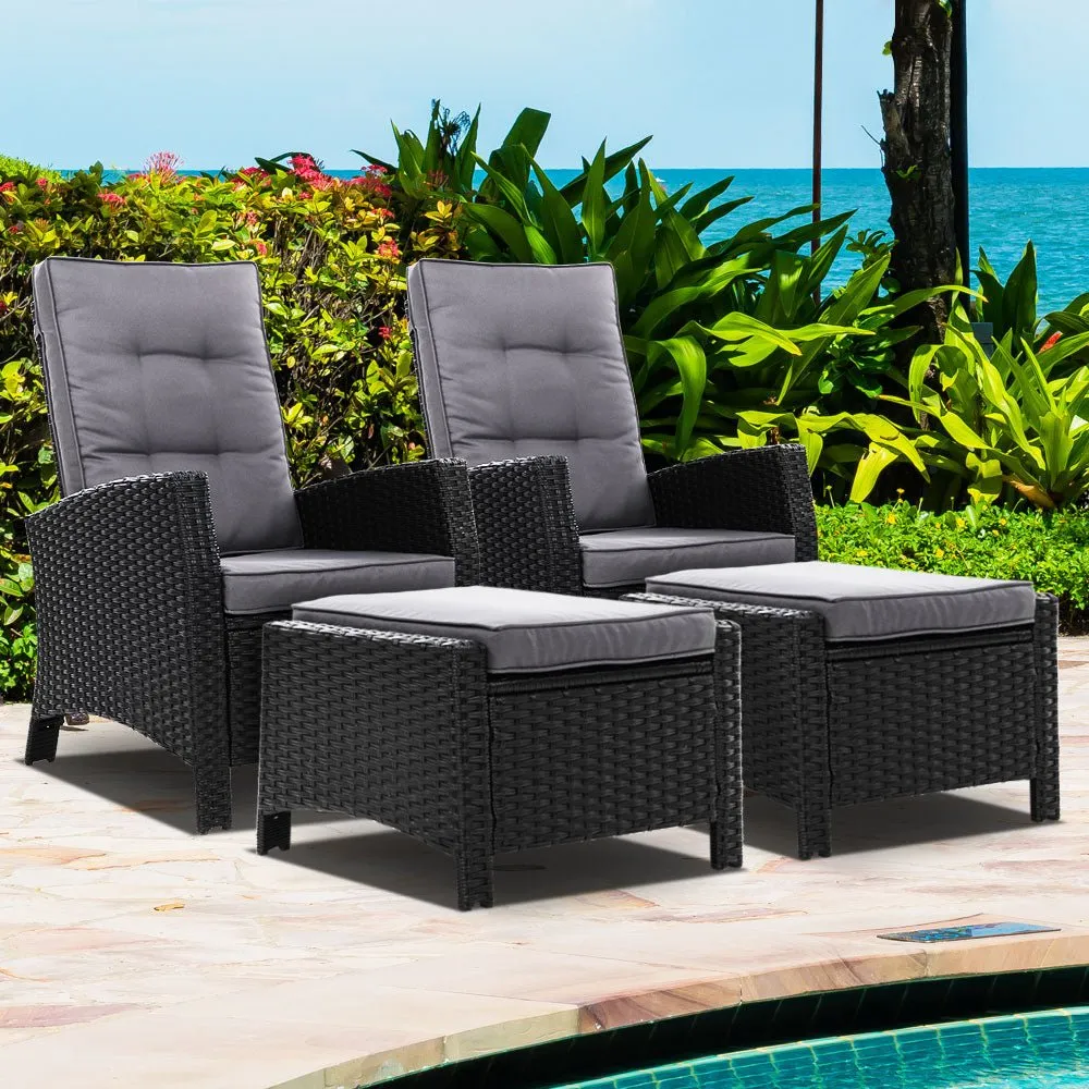 Set of 2 Elise Outdoor Recliner Chairs with Ottomans Black