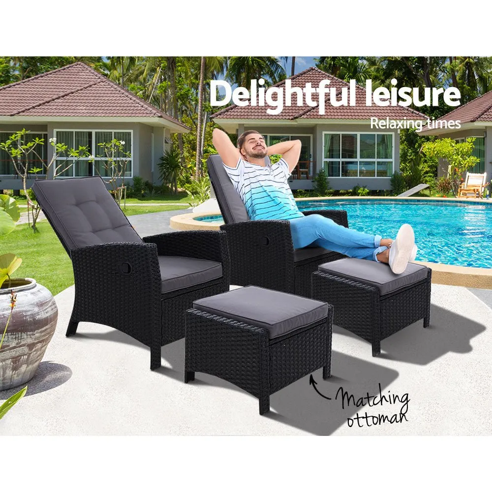 Set of 2 Elise Outdoor Recliner Chairs with Ottomans Black