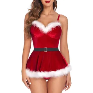 Sexy Mrs Claus Velvet Belted Fluffy Peplum Christmas Thong Bodysuit - Red