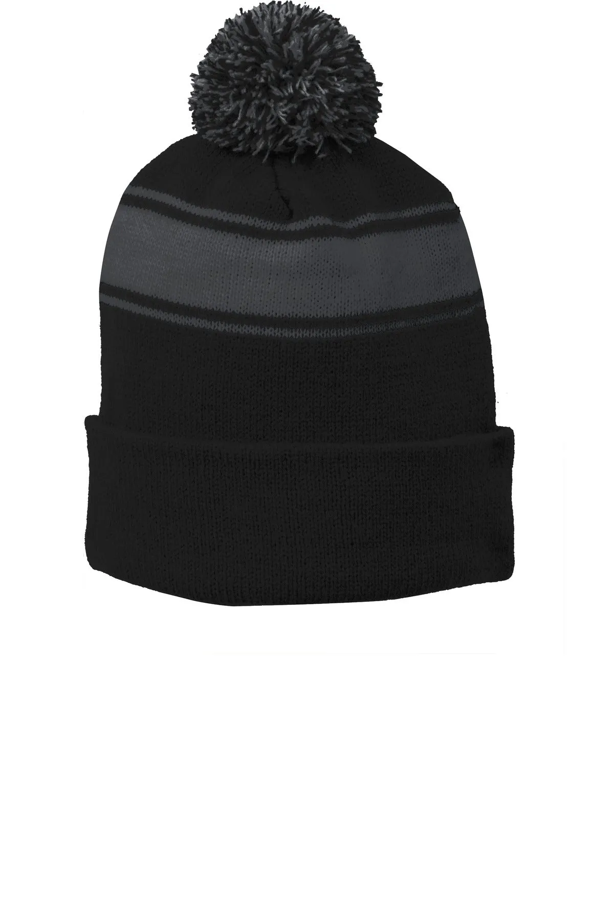 Sport-Tek Stripe Branded Pom Pom Beanies, Black/ Iron Grey