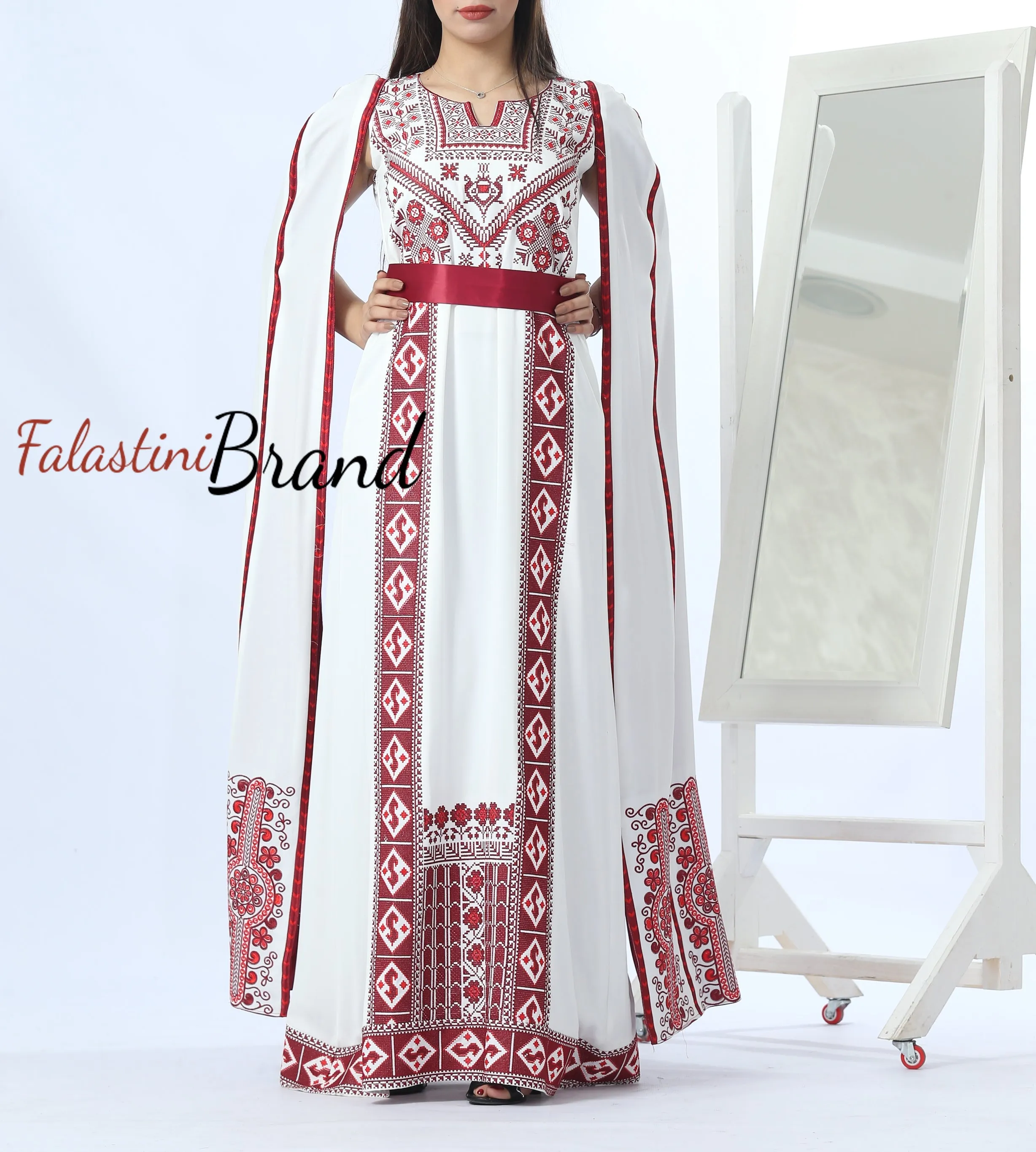 Stunning White And Burgundy Royal Sleeve Palestinian Embroidered Dress