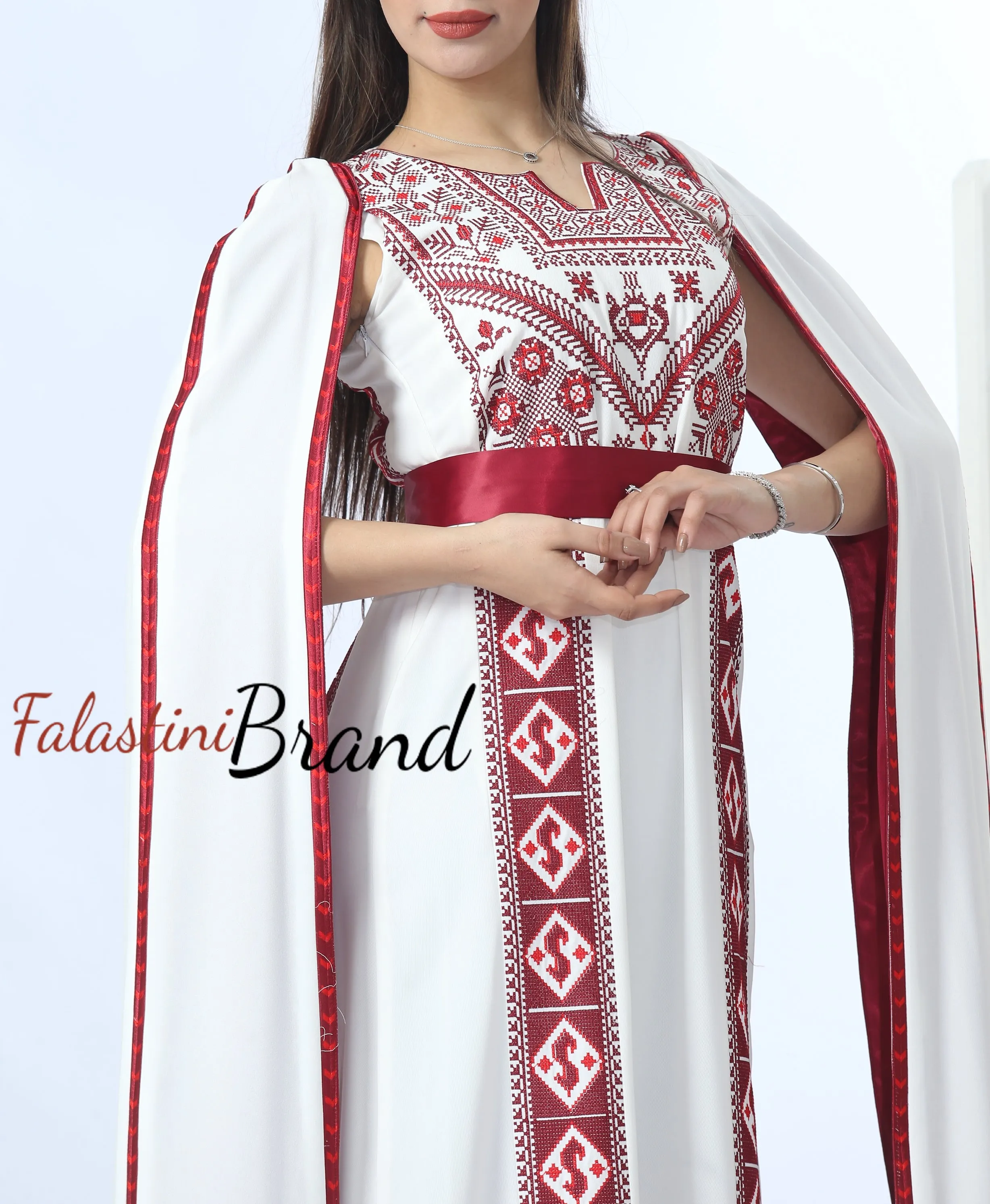 Stunning White And Burgundy Royal Sleeve Palestinian Embroidered Dress