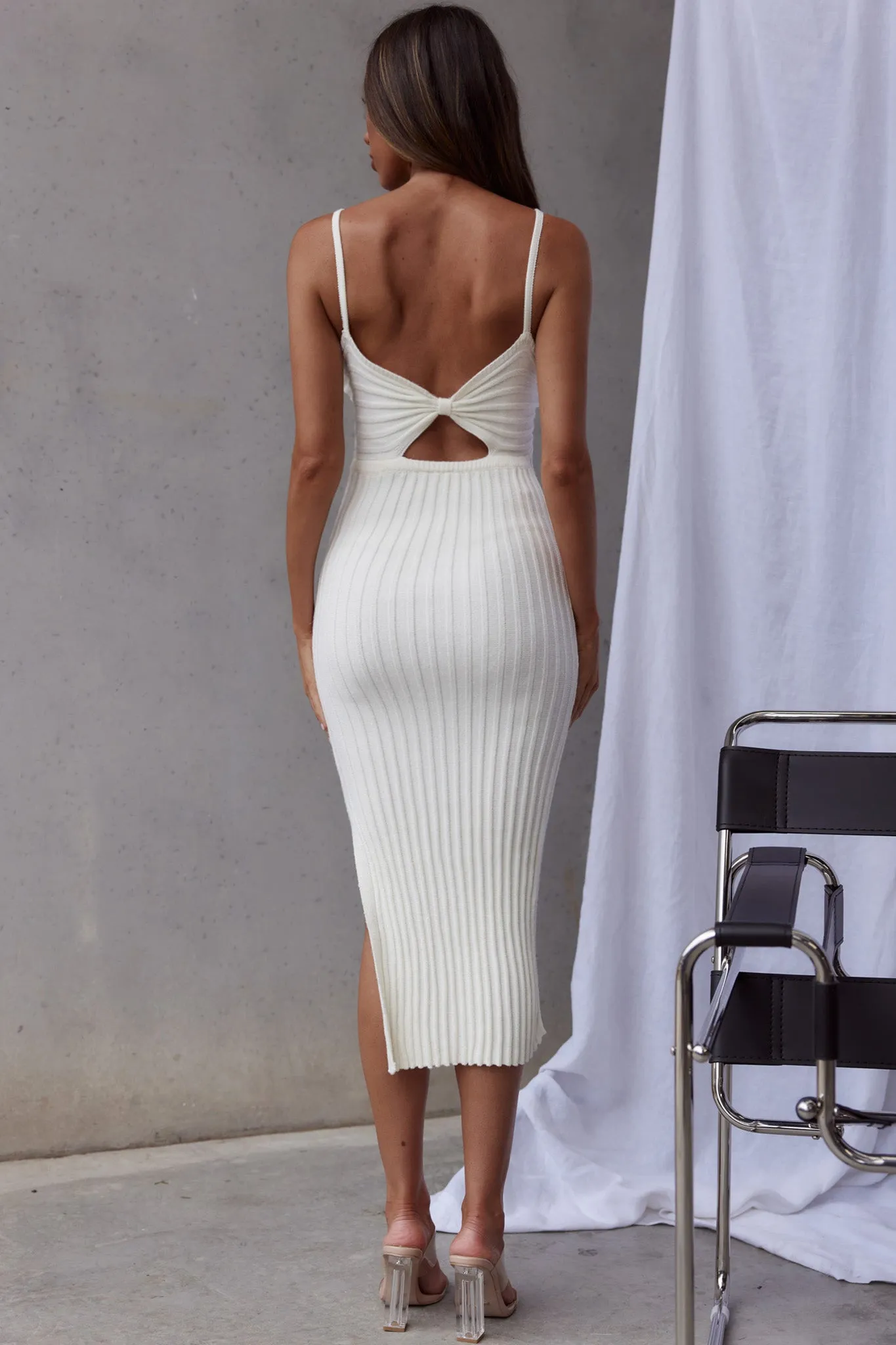 Sweepstakes Ribbed Knit Side Split Midi Dress White