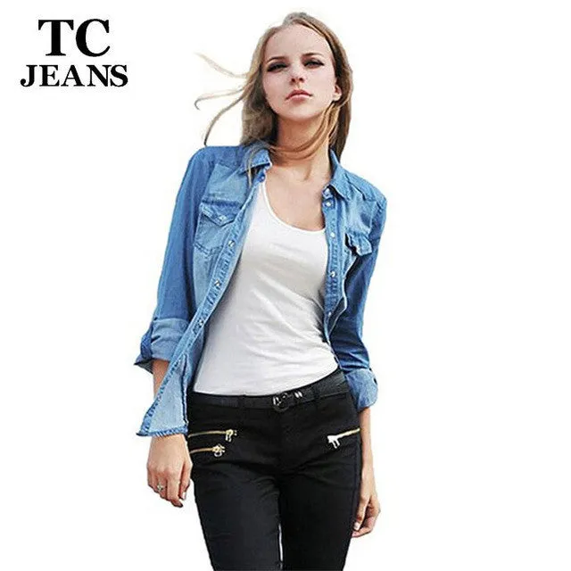 TC Plus Size Denim Shirt Women Clothing Nostalgic Gradient Jeans Shirt  Vintage Womens Camisa Jeans Blusas Feminina Blouse