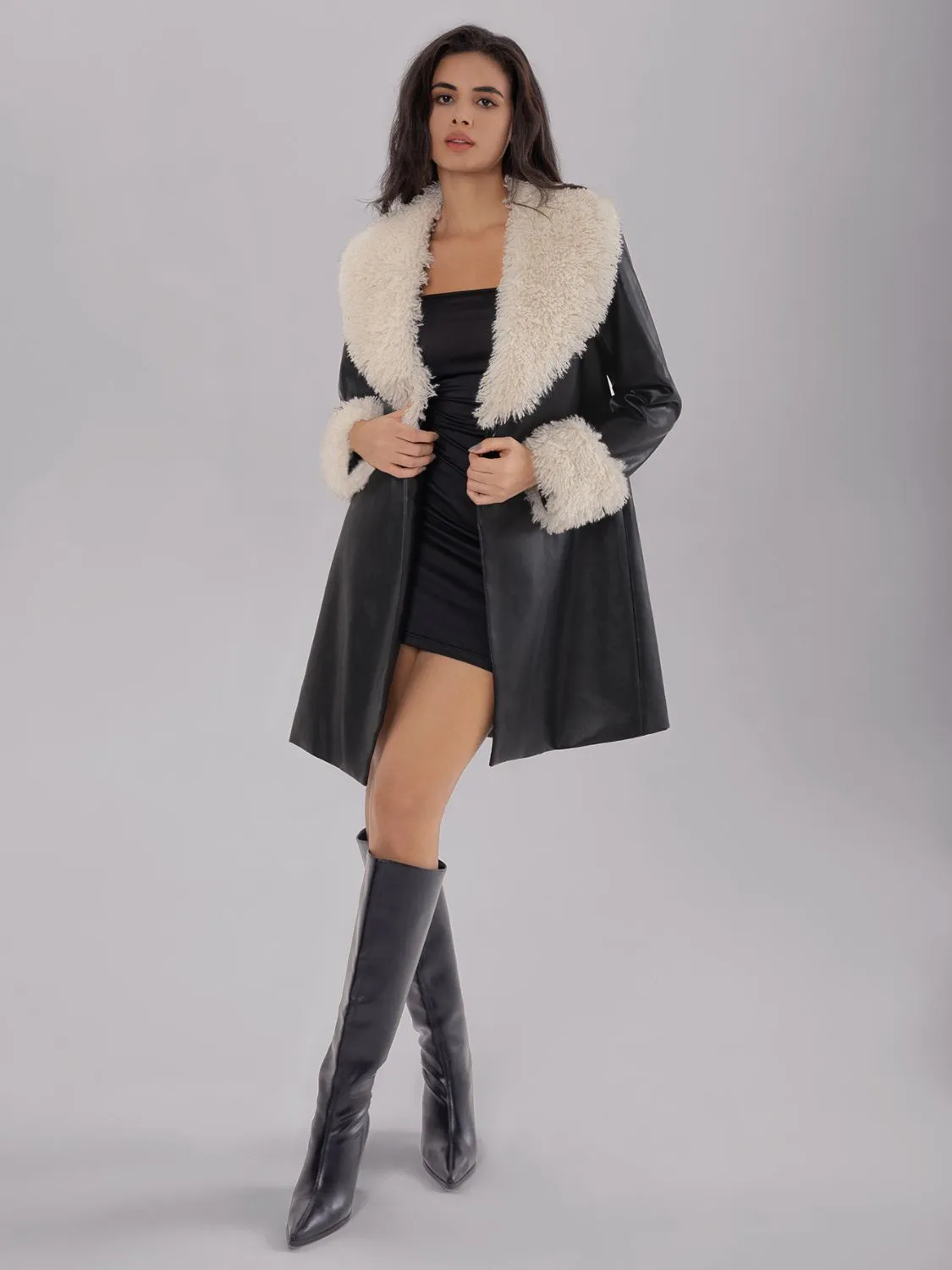 TEEK - Black Fuzzy Long Sleeve Longline Coat