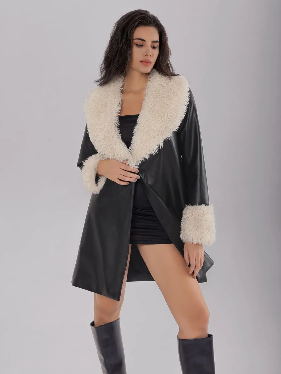 TEEK - Black Fuzzy Long Sleeve Longline Coat