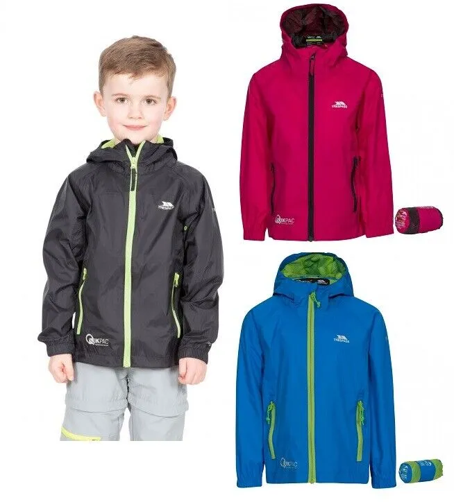 Trespass Qikpac Kids Packaway Jacket Zip Up Waterproof Hooded Coat Boys Girls