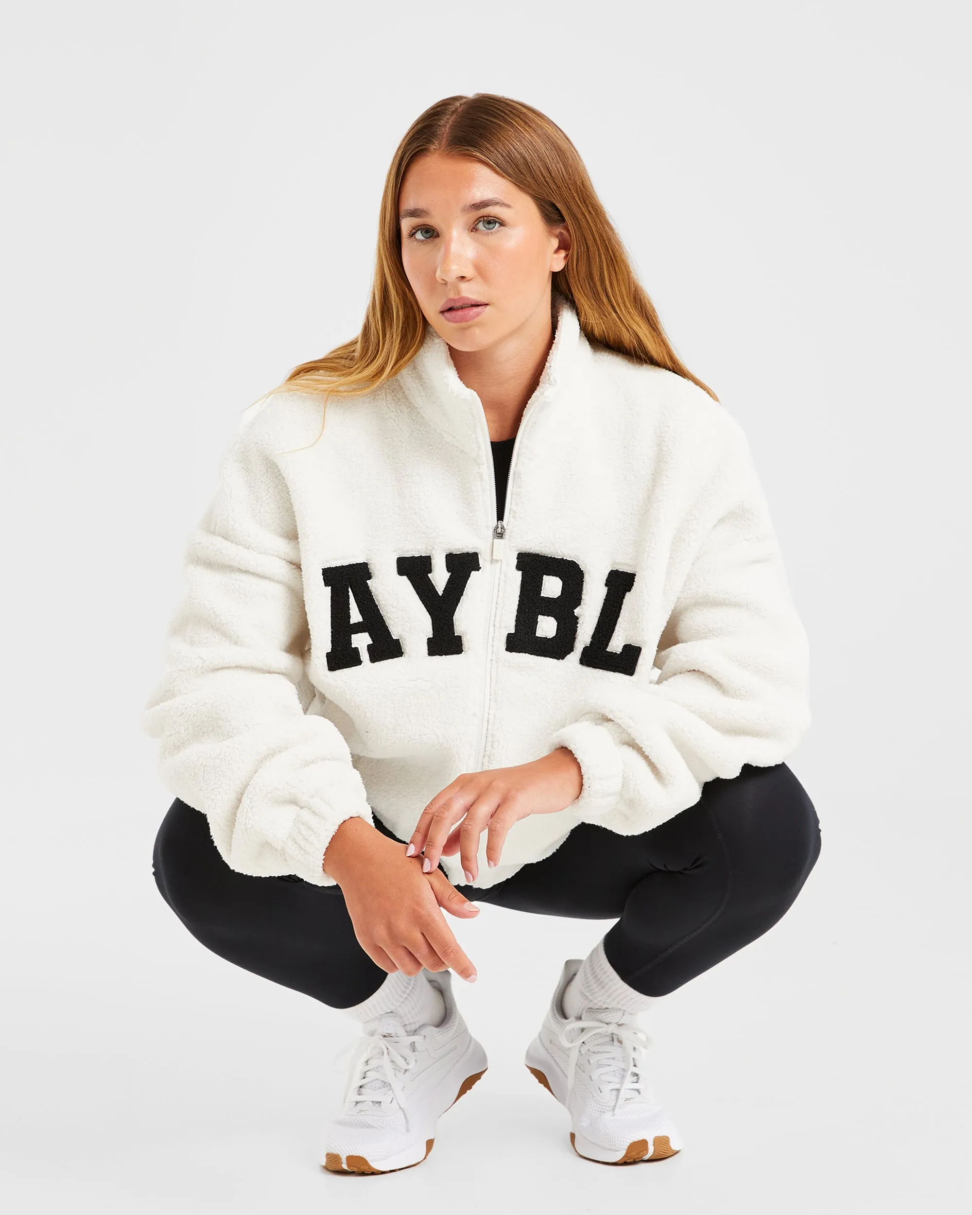 Varsity Oversized Fleece Zip Up Jacket - Cream