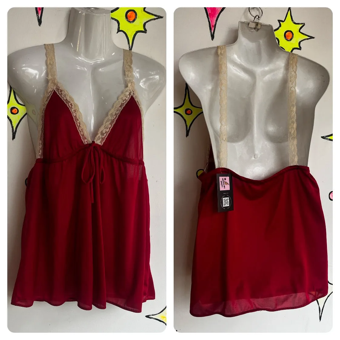 Vintage 70s 80s | Red Fairy Grunge Babydoll Lace Lingerie Cami Slip Top | Size M