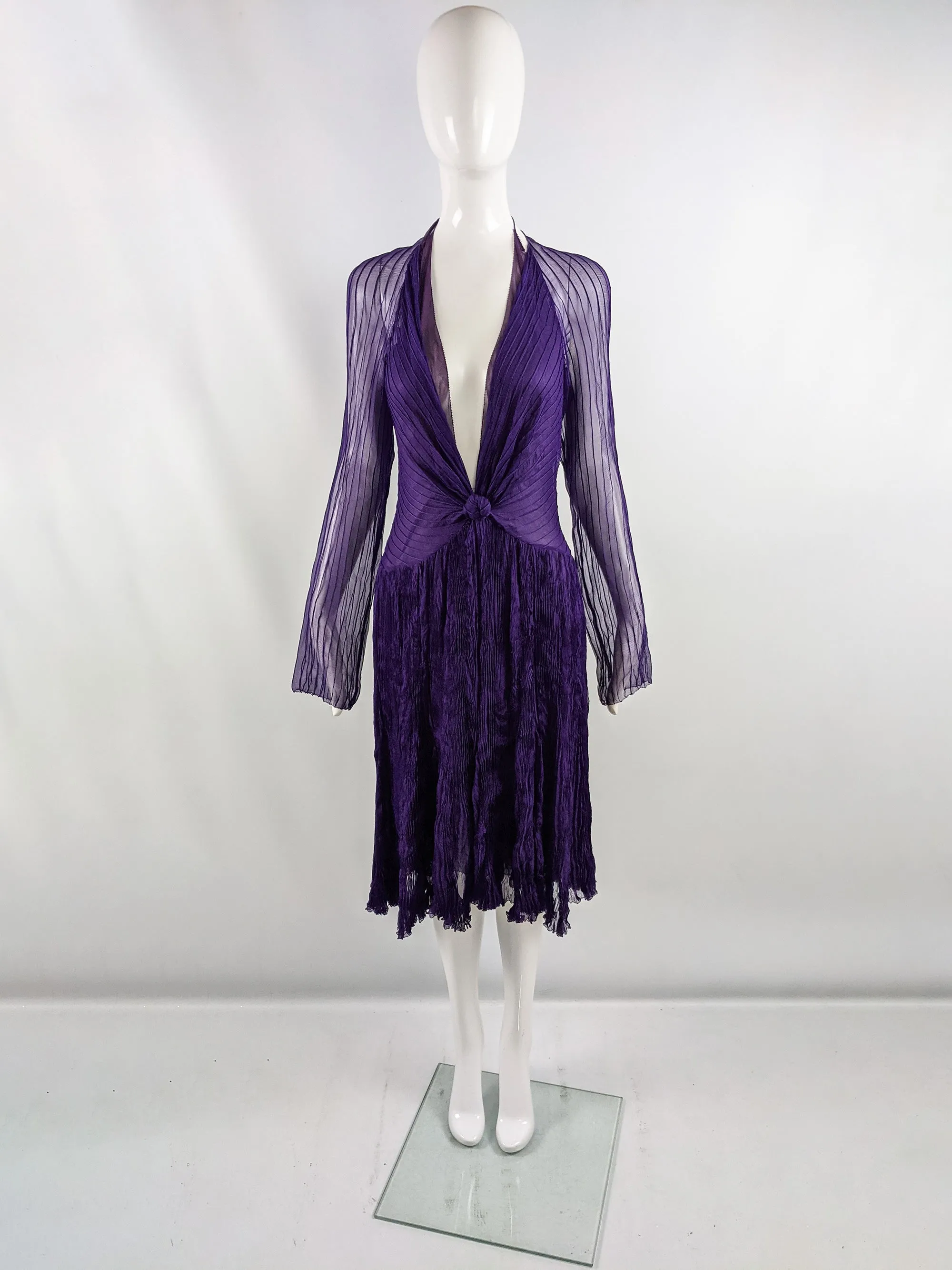 Vintage Purple Silk Chiffon Pintuck Pleat 2 Piece Dress, 2000s