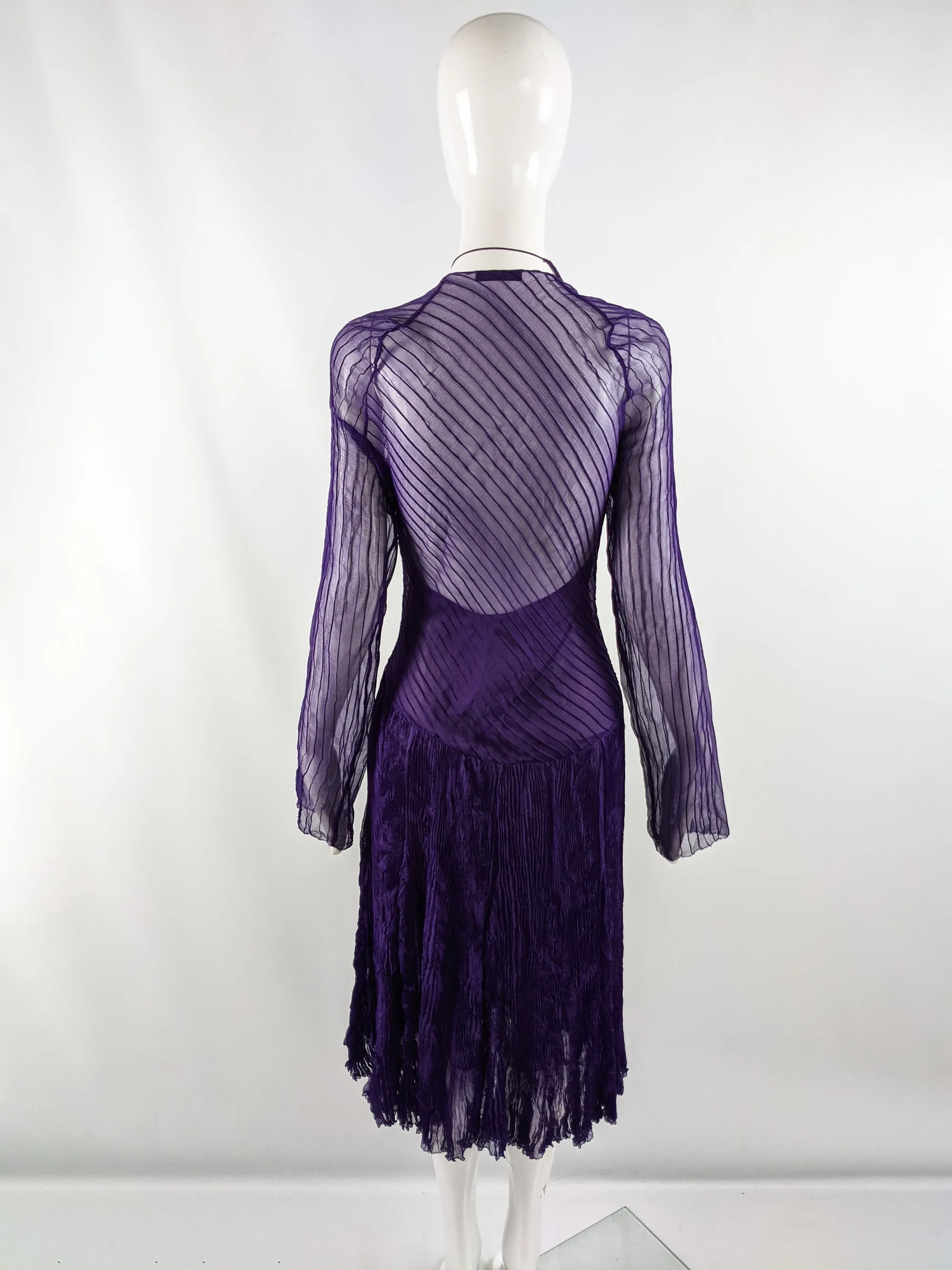 Vintage Purple Silk Chiffon Pintuck Pleat 2 Piece Dress, 2000s