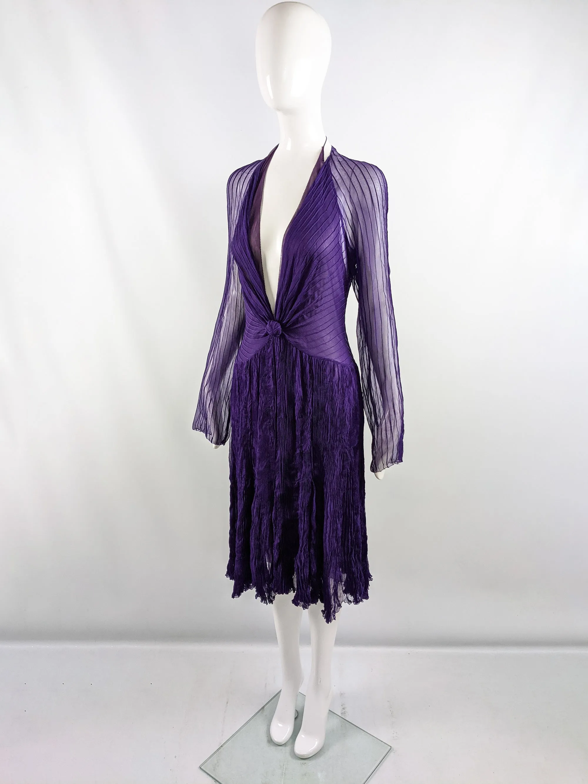 Vintage Purple Silk Chiffon Pintuck Pleat 2 Piece Dress, 2000s