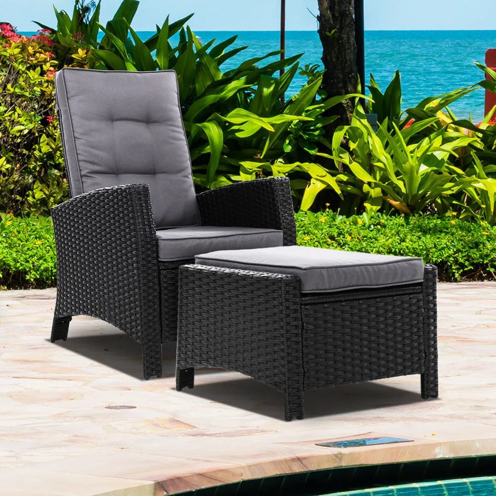 Wicker Patio Recliner Armchair Ottoman Sun lounge Chair Furniture Outdoor Garden Black