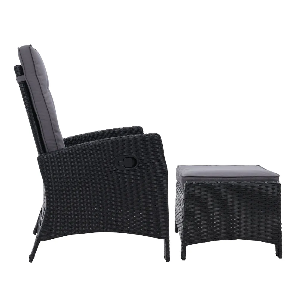 Wicker Patio Recliner Armchair Ottoman Sun lounge Chair Furniture Outdoor Garden Black