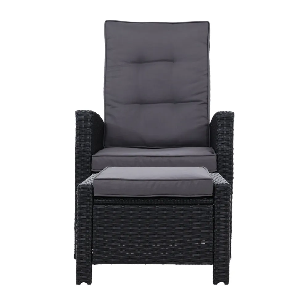 Wicker Patio Recliner Armchair Ottoman Sun lounge Chair Furniture Outdoor Garden Black