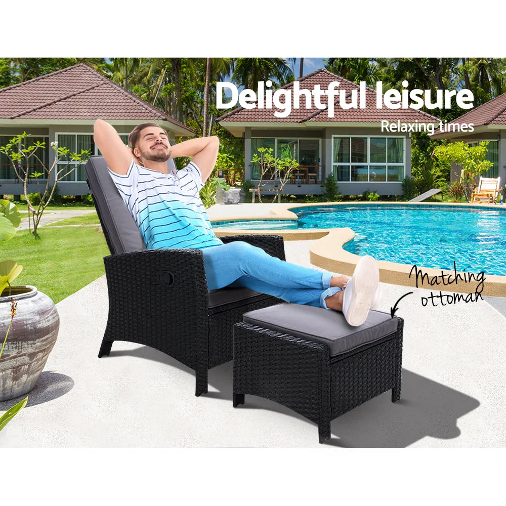 Wicker Patio Recliner Armchair Ottoman Sun lounge Chair Furniture Outdoor Garden Black