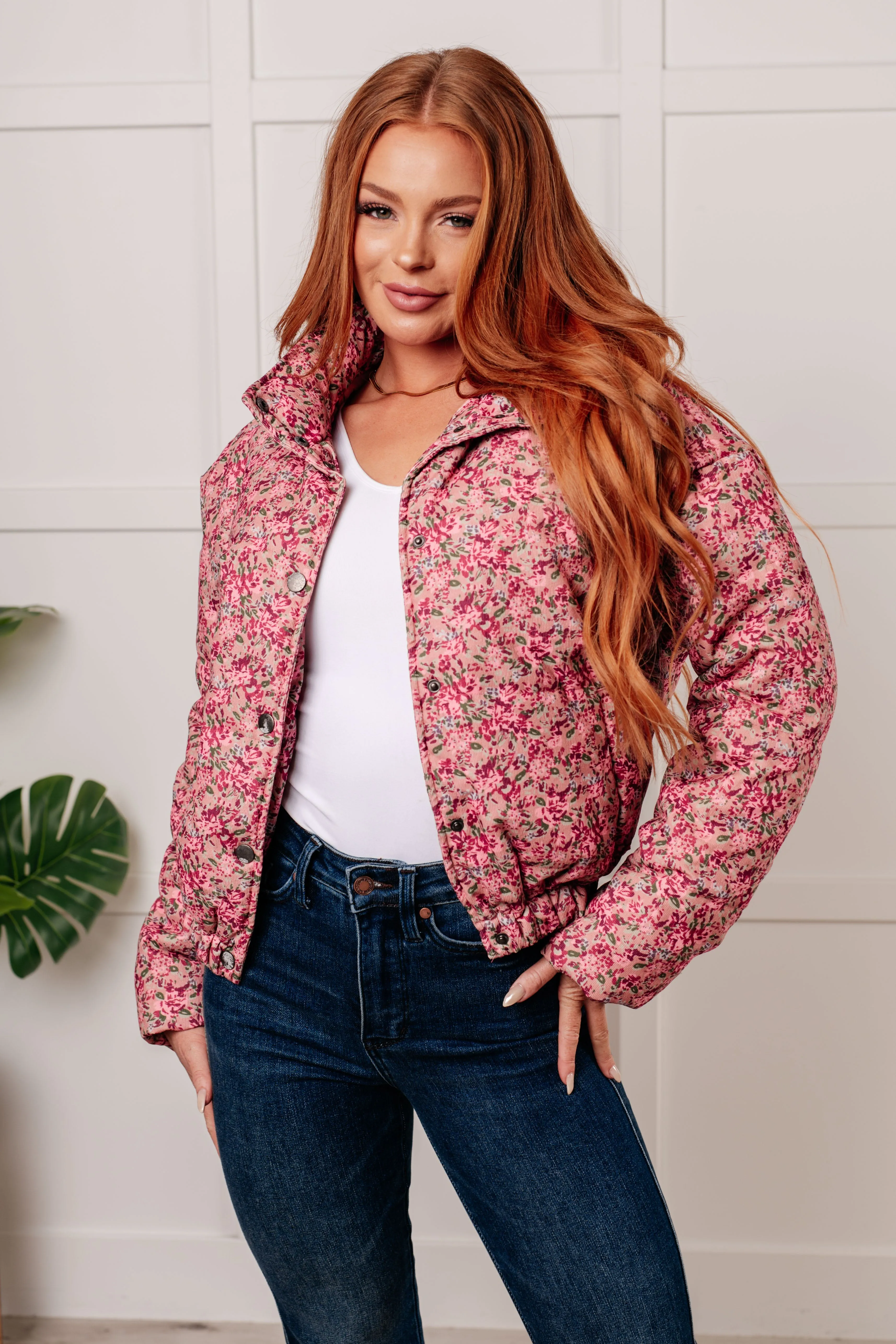 Wish Me Well Floral Printed Puffer Jacket in Rose Multi