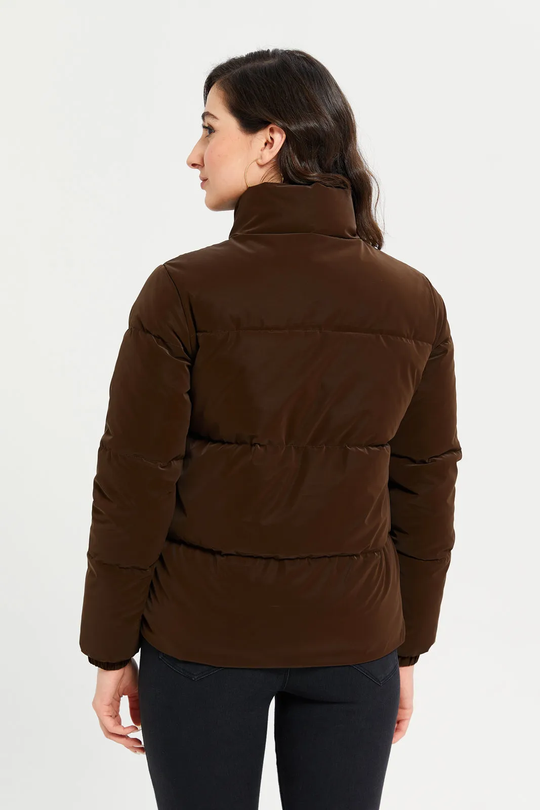 Women Brown Zip Stand Padded Puffer Jacket