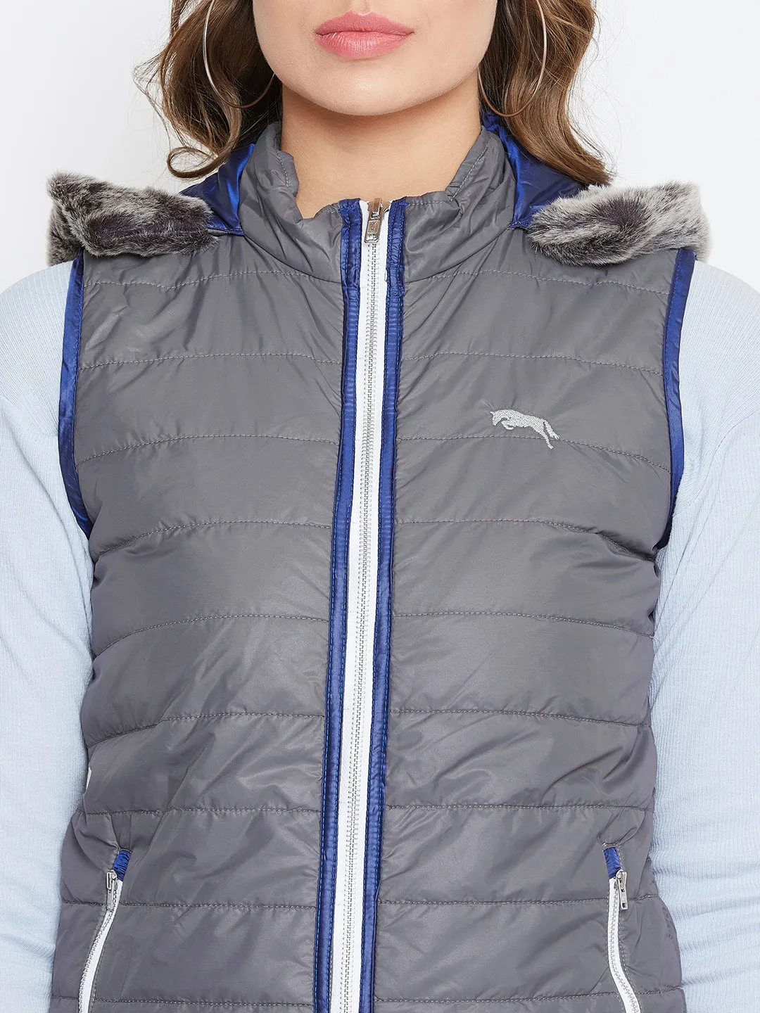 Women Grey Casual Quilted Jacket