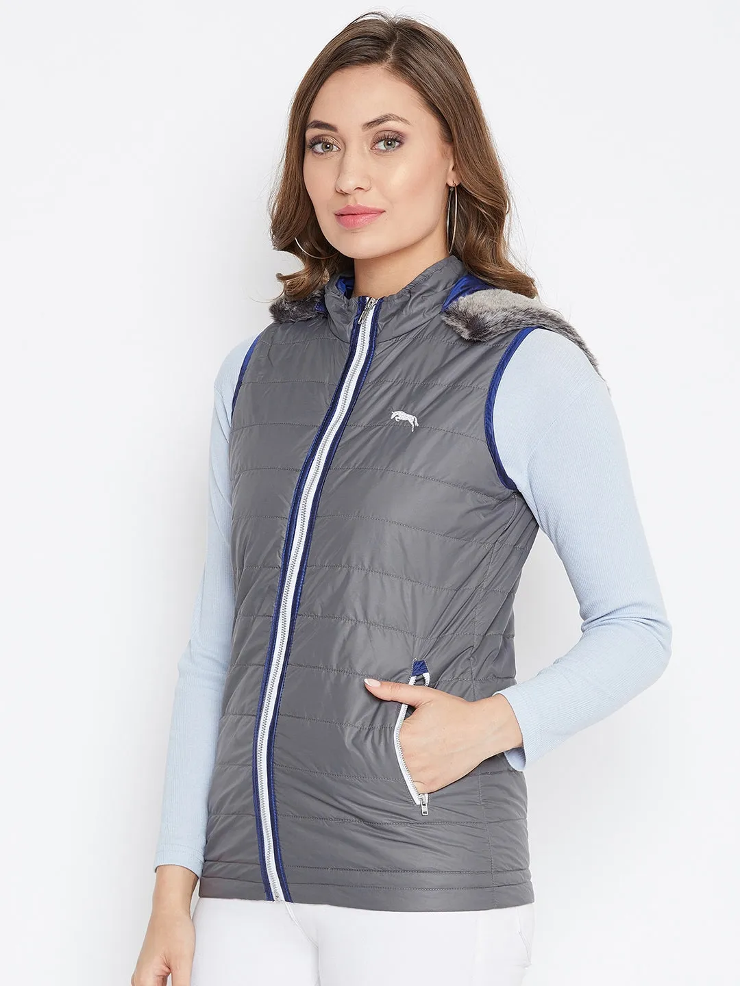 Women Grey Casual Quilted Jacket