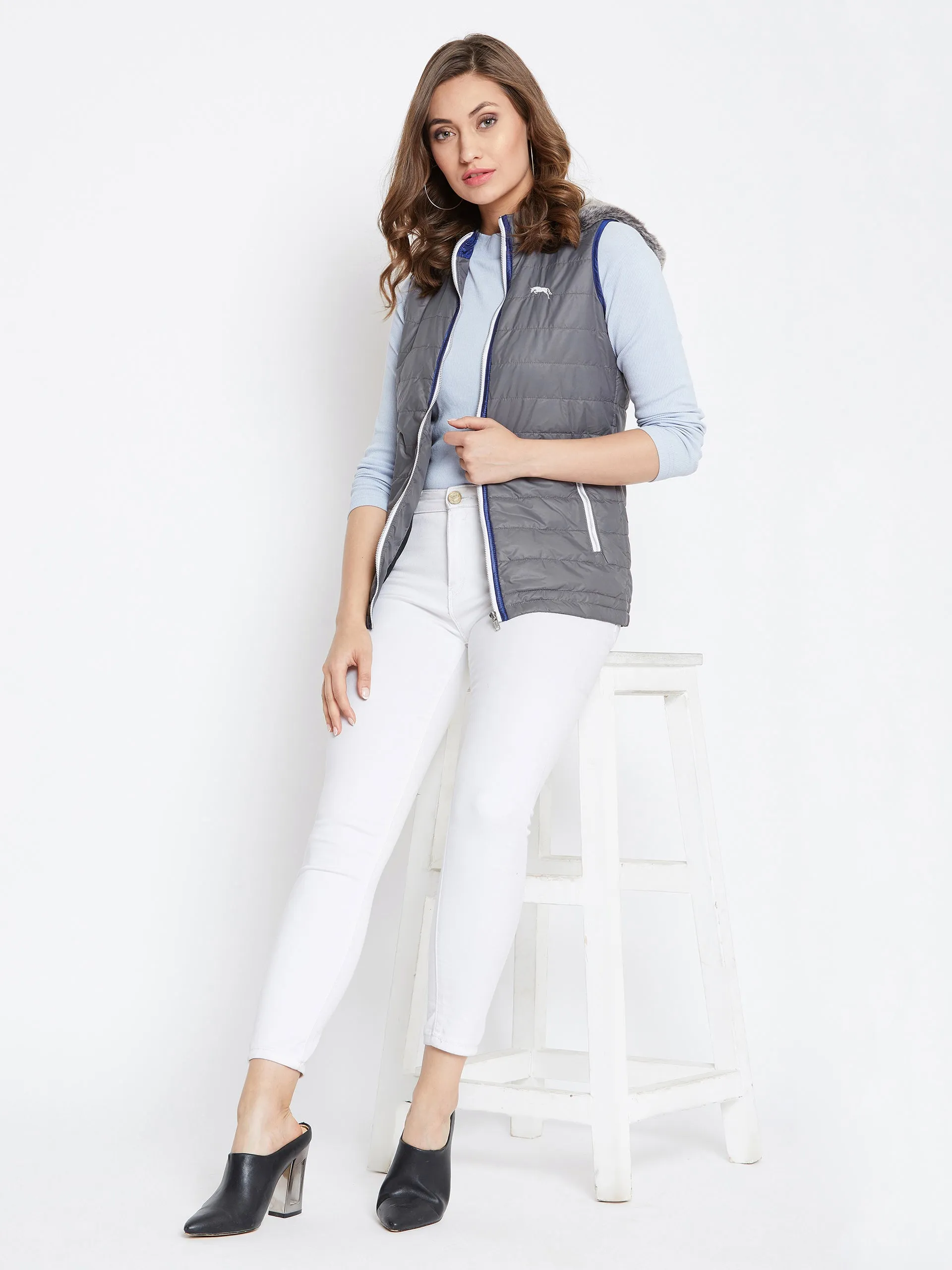 Women Grey Casual Quilted Jacket