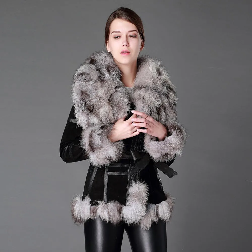 Women's Genuine Leather Fur Coat Women Fox Fur Collar  13055