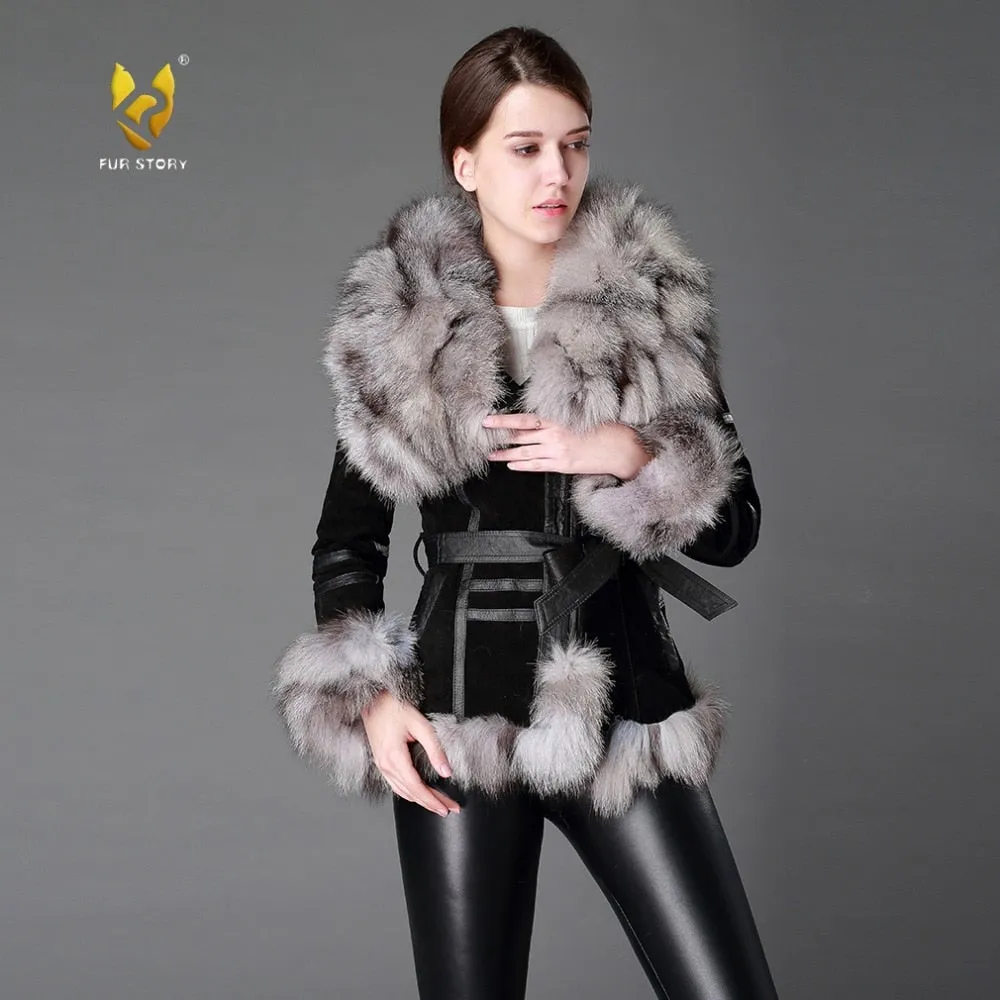 Women's Genuine Leather Fur Coat Women Fox Fur Collar  13055