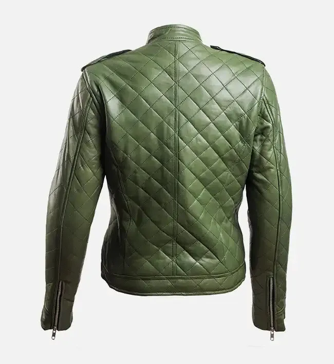 Women’s Green Leather Puffer Jacket