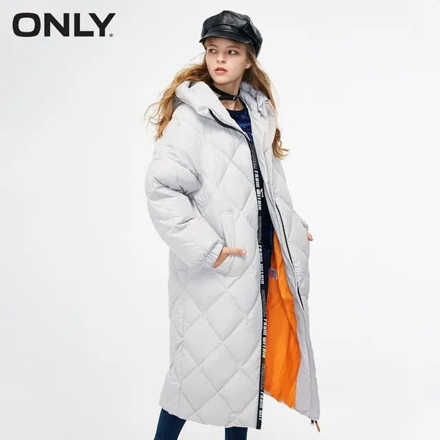 Women's Letter Print Zip Long Hooded Down Jacket