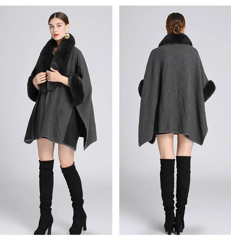 Women's Plush Faux Fur Woolen Cloak Coat